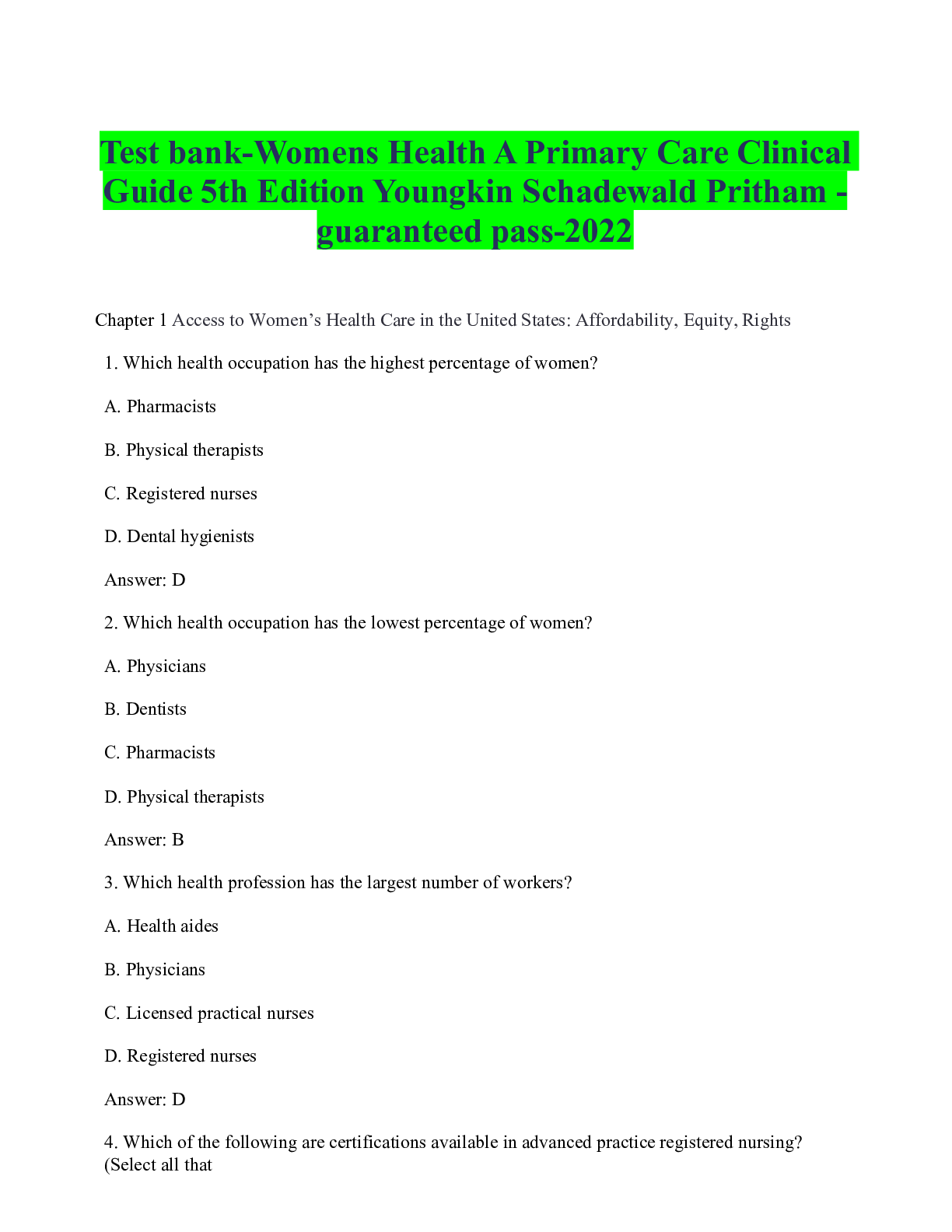 Preview image for Test bank-Womens Health A Primary Care Clinical Guide 5th Edition Youngkin Schadewald Pritham -guaranteed pass-2022